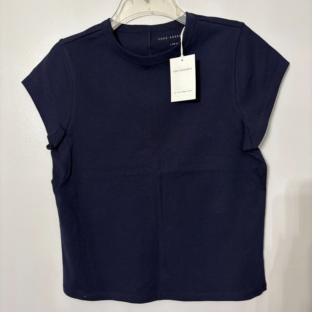 Free Assembly Women's L 12-14 Navy Blue Cap Sleeve Crew Neck T-Shirt NWT #23